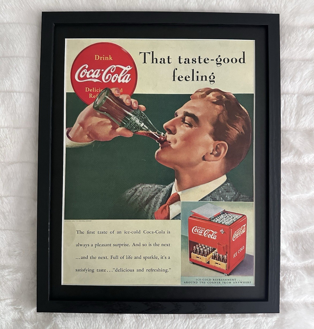 Framed Original 1939 Vintage Print Ad: Drink Coca-Cola That Taste-good Feeling
